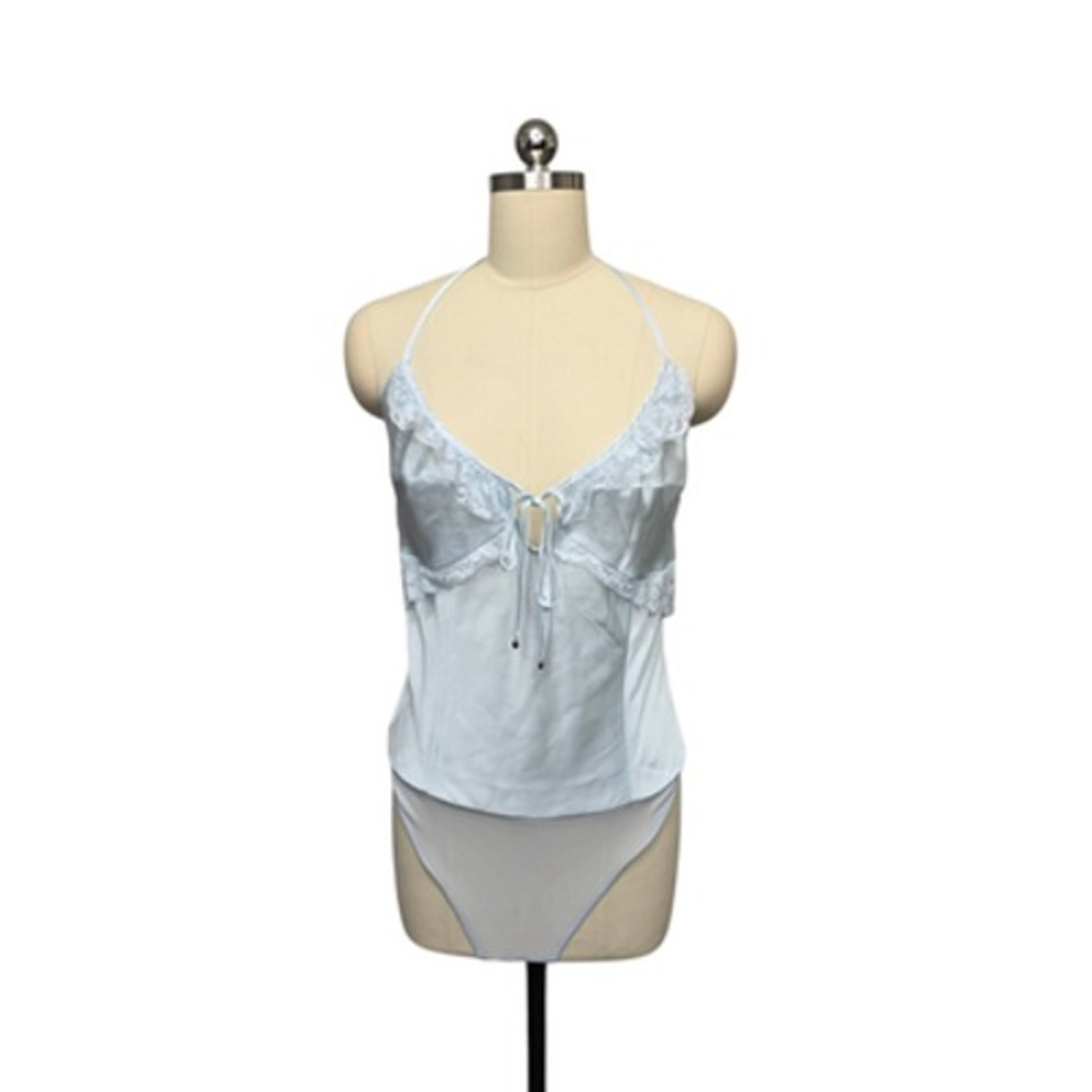 Free People Intimately Bodysuit Womens Large Ice Blue Halter Lace Mesh Thong